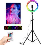 3200k-5500k RGB Selfie Ringlamp - met 16 Kleuren -  55 -160cm in hoogte Uitschuifbare Statief - RGB - Dimbaar - Incl. Telefoonhouder - Meerdere Lichtstanden en Helderheidsniveaus