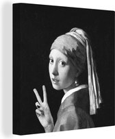 Canvas Schilderij Het meisje met de parel - Johannes Vermeer - Zwart - Wit - 50x50 cm - Wanddecoratie