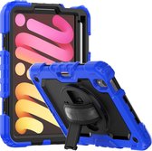 Kidscase Geschikt voor: iPad Mini 6 (2021) Tablet - Armor Case - Schermbeschermer - ShockProof - Handstrap - met Schouderband - Zwart / Blauw - ZT Accessoires