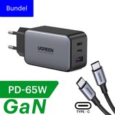 UGREEN GaN 65W Travel Snellader Compact Bundle - Android  (USB-C naar USBC) - Apple - Macbook M1 M1 max
