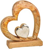 Love - Liefde - Valentijn - Hart - Liggend Mangohouten hart met zilvermetalen hartje