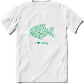 I Love Fishing - Vissen T-Shirt | Groen | Grappig Verjaardag Vis Hobby Cadeau Shirt | Dames - Heren - Unisex | Tshirt Hengelsport Kleding Kado - Wit - S