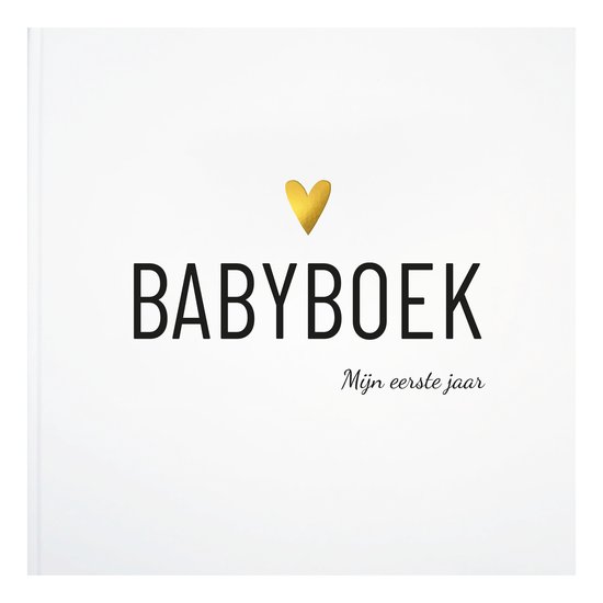 Babyboek met de titel 'BABYBOEK' en 'Mijn eerste jaar' in gouden letters.