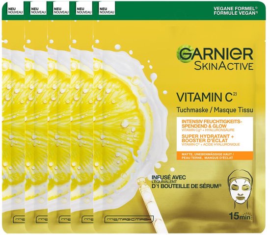 Garnier skinactive sheet mask vitamine c* gezichtsmasker - 5 stuks voordeelverpakking