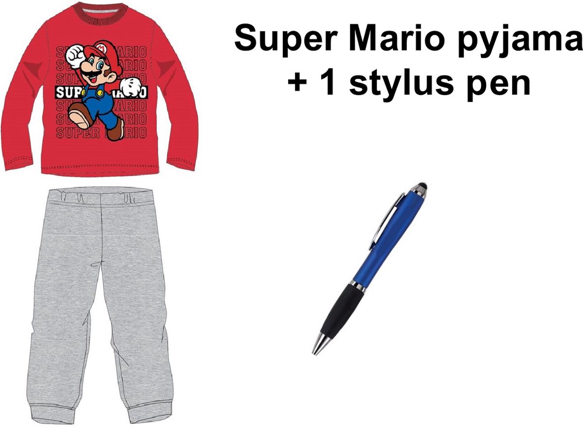 Super Mario Bross Pyjama - Rood / Mele grijs. Maat 110 cm / 5 jaar + EXTRA 1 Stylus Pen.