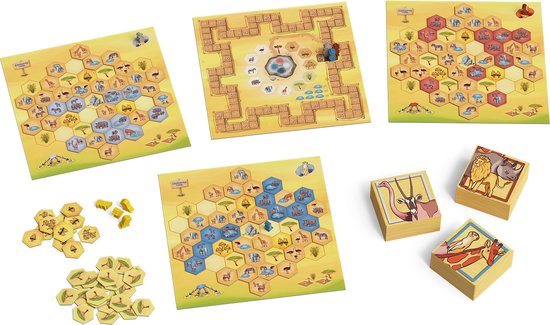 Overzicht van het bordspel Savannah Park: spelborden, losse tegels en doosjes met op dieren geïnspireerde afbeeldingen.