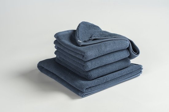 MAROYATHOME - UNO - Set de serviettes - 3 serviettes 50x100 cm , 1 drap de bain 70x140 cm , 1 serviette cheveux 26x54 cm - Coton Bio et Fairtrade - Blue Vintage - Blauw