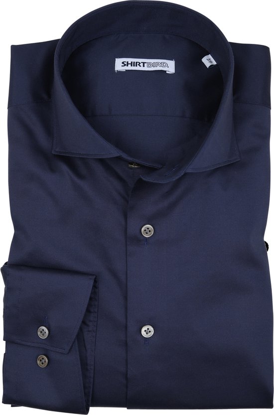 SHIRTBIRD | Hawk | Overhemd | Donker Blauw | Navy | Satijn Stretch | 97% Katoen, 3% Elastaan | Strijkvriendelijk | Parelmoer Knopen | premium Shirts | Maat 42
