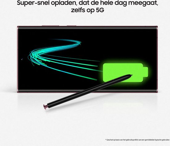 Smartphone met S-Pen toont een batterij-icoon en de tekst: Super-snel opladen, dat de hele dag meegaat, zelfs op 5G.