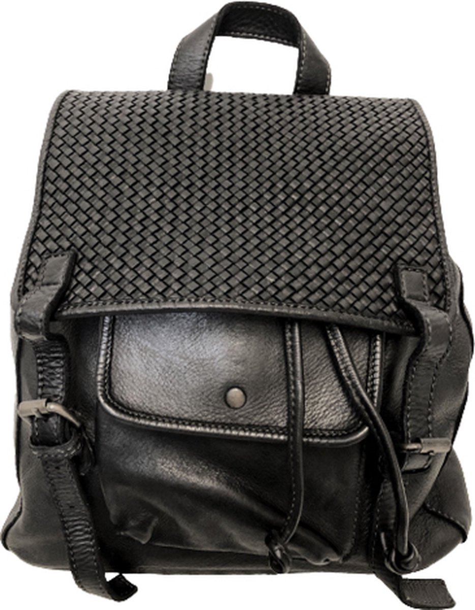 Hommard Geweven leren zwarte Back Pack Bag, Echt leer, Real leather, Woven Leather, Made in Italy, Leren Rugzak