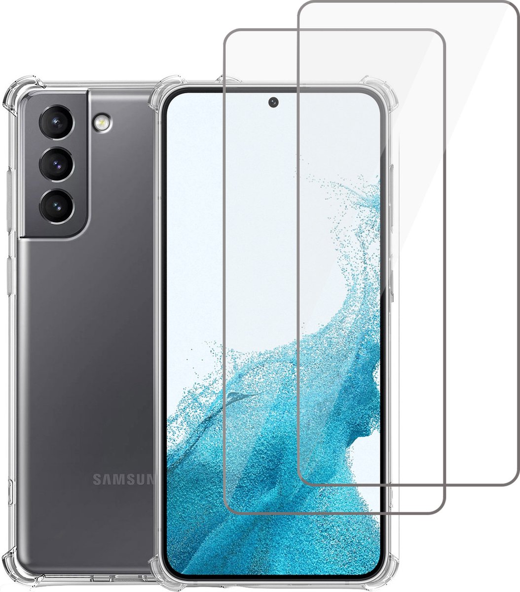 Geschikt voor Samsung S22 Hoesje + 2x Screenprotector – Gehard Glas Cover – Shock Proof Case Transparant