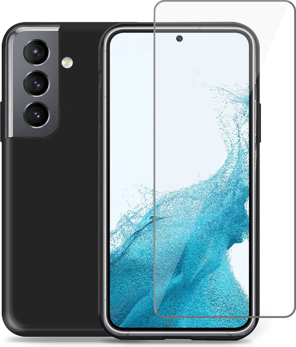 Geschikt voor Samsung S22 Hoesje + Screenprotector – Gehard Glas Cover - Suède Case Zwart