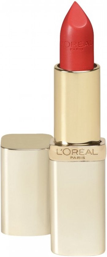 Koraalkleurige L'Oréal lipstick met gouden huls en dop.