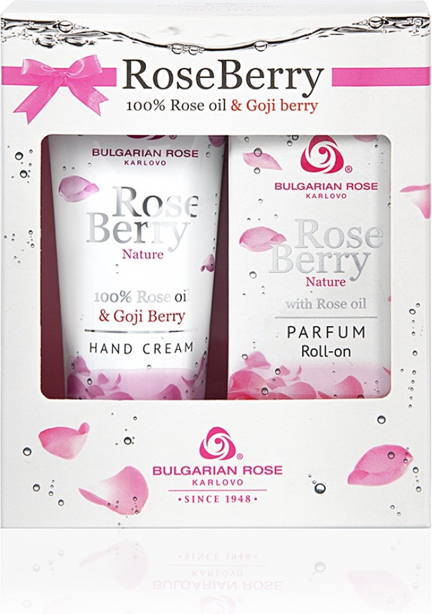 Goedkoopste Rose Berry Nature Gift set | Cadeauset - parfum roll-on handcrème met 100 natuurlijke Bulgaarse rozenolie | Kerstcadeau