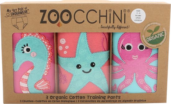 Zoocchini verpakking met 3 biologische katoenen oefenbroekjes: zeepaardje, zeester en octopus.