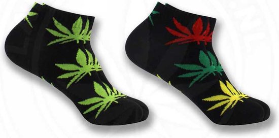 2 Paar - Enkelsokken - Canna - Wietsokken - Zwart/groen + Zwart/multi - cannabis - wiet - 420