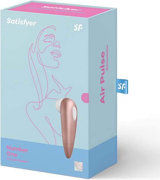 Verpakking van de Satisfyer Number One Air Pulse Stimulator in lichtblauw met roze lijnen en productillustratie.