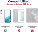 Compatibiliteitsgrafiek voor de Samsung Galaxy S22 serie. De hoes past op de S22, maar niet op de S22 Plus of S22 Ultra.