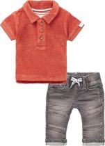 Noppies - Kledingset - 2delig - Jeans Grijs - Polo Shirt bruin rood - Maat 92