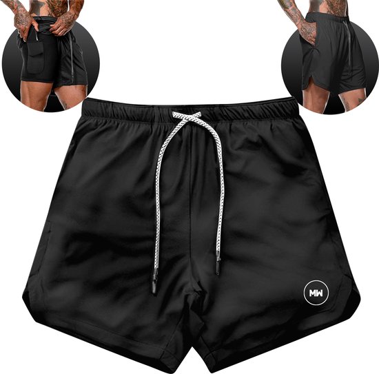 MW® Sportbroek voor Heren - Gym broek met mobiel zak - 2 in 1 Shorts - Hardloopbroek - (Zwart - L)