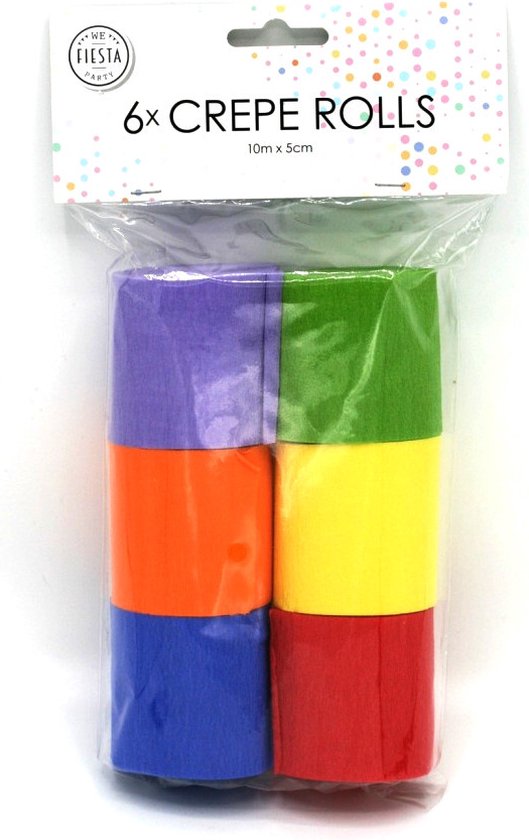 Verpakking met 6 rollen crêpepapier in paars, oranje, blauw, groen, geel en rood.