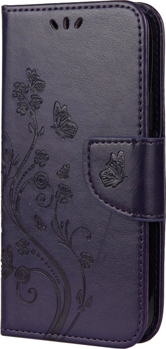 Mobigear Telefoonhoesje geschikt voor Apple iPhone 12 Mini Hoesje | Mobigear Flowers Bookcase Portemonnee | Pasjeshouder voor 2 Pasjes | Telefoonhoesje voor Pinpas / OV Kaart / Rijbewijs - Paars