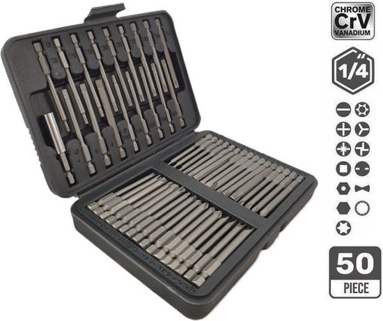 LB-Tools Bit set extra lang 50-delig bitset Chroom Vanadium CRV Torx, Inbus, Veeltand, Sleuf, Vierkant, Phillips, Pozidriv, Tri-Wing, Torq, Clutch, Spanner en Resistorx