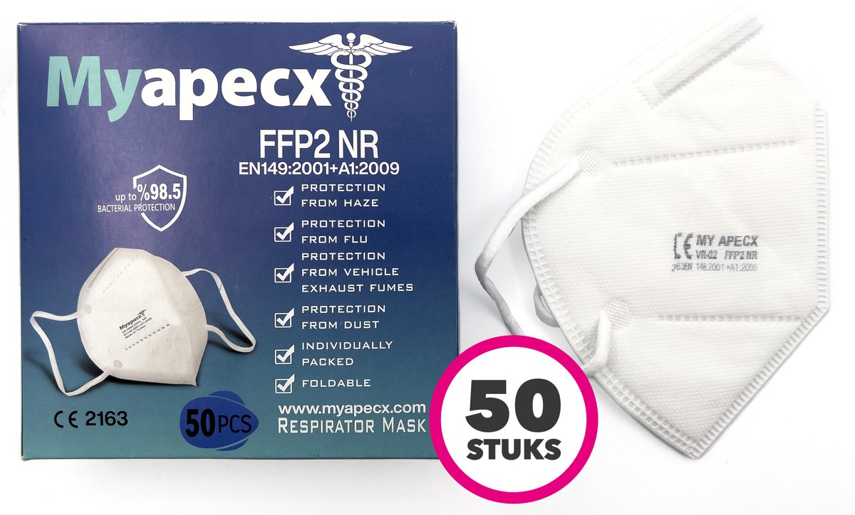 Myapecx FFP2 Medische Monmaskers- Wegwerp Mondkapjes met Neusbrug- CE Gecertificeerd- Chirurgische Mondmaskers 5 Laags- 50 Stuks- Wit