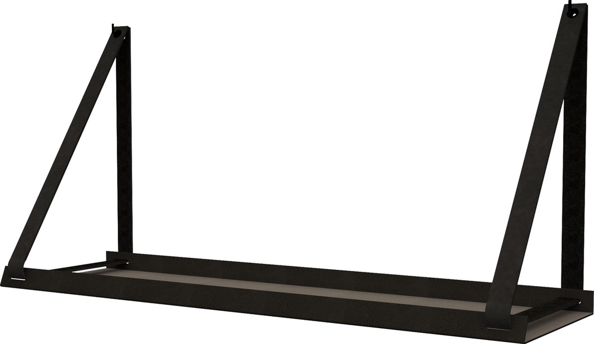 Handles and more - Stalen wandplank zwart 98cm + leren plankdragers Vintage Black
