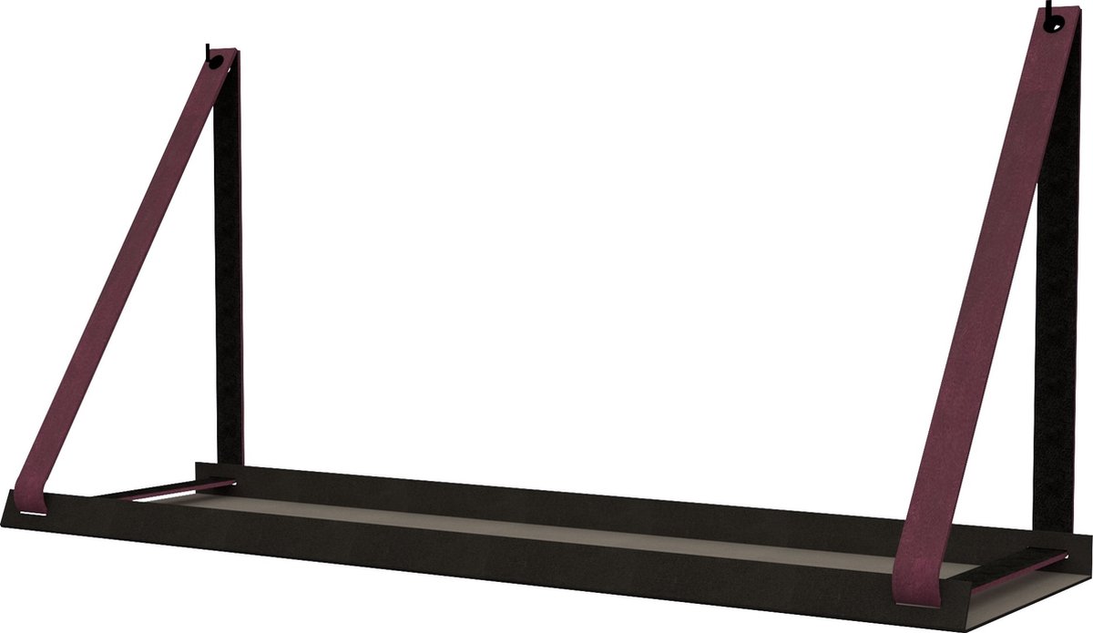 Handles and more - Stalen wandplank zwart 98cm + leren plankdragers Bordo