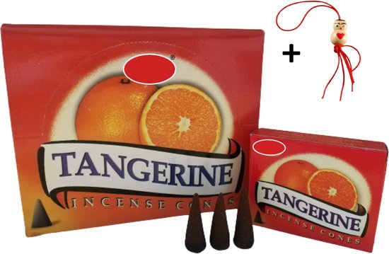 Doos Tangerine wierook kegeltjes, met afbeelding van sinaasappels. Inclusief gelukspoppetje.