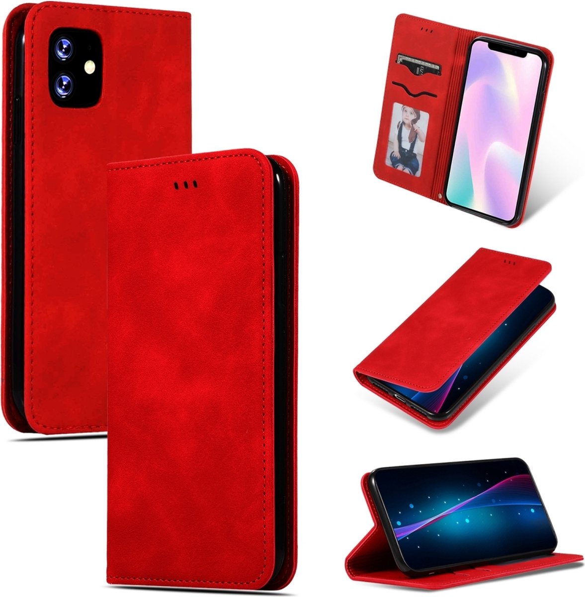 Mobigear Telefoonhoesje geschikt voor Apple iPhone 11 Hoesje | Mobigear Retro Slim Bookcase | Pasjeshouder voor 2 Pasjes | Telefoonhoesje voor Pinpas / OV Kaart / Rijbewijs - Rood