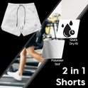 Short de sport 2-en-1 blanc pour hommes, tissu polyester, séchage rapide.