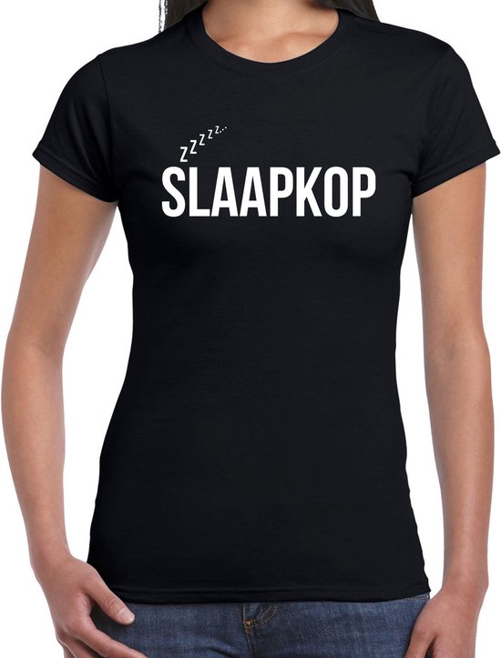 T-shirt noir pour femme avec le texte blanc SLAAPKOP et des zzzz endormis.