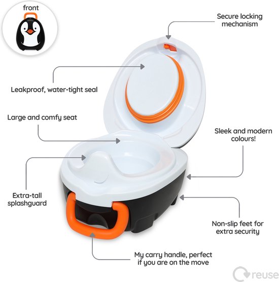 Pinguïn-thema potje met oranje handvat, een lekvrije afsluiting en 'extra-tall splashguard'.