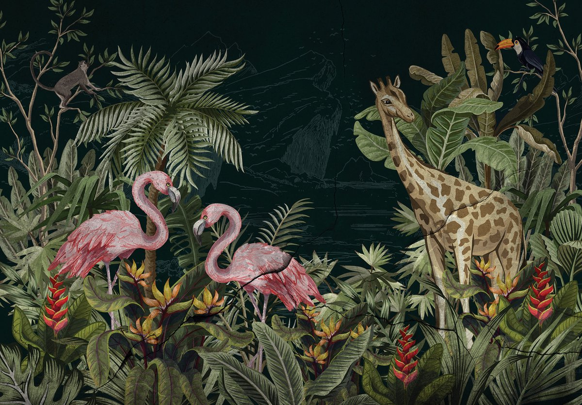 Vliesbehang Jungle Dieren XXL – fotobehang – Oude Muur Effect – 368 x 254 cm