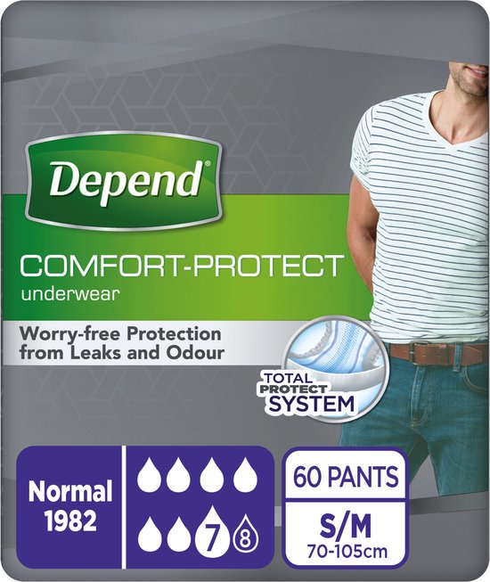 Verpakking Depend Comfort-Protect ondergoed, 60 broekjes, maat S/M. Met iconen voor absorptie en bescherming.