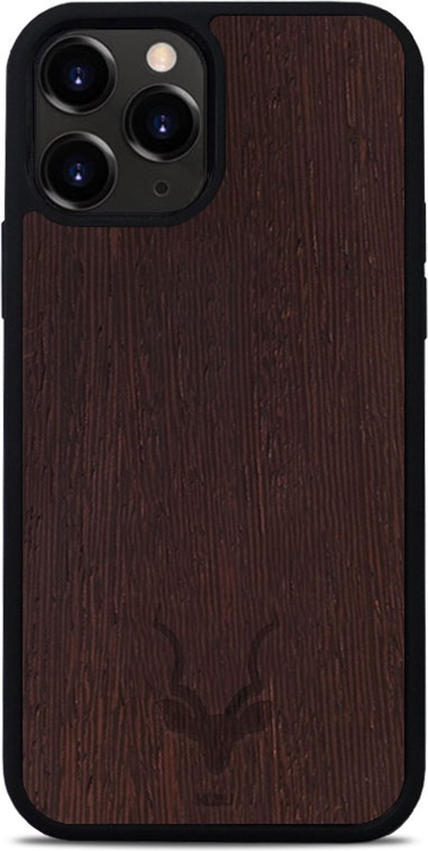 Kudu iPhone 12 Pro hoesje case - Houten backcover - Handgemaakt en afgewerkt met duurzaam TPU - Wengé - Zwart