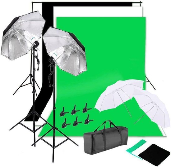 Complete fotostudio set met 3 kleuren achtergronden, achtergrondsysteem en  lichtparaplus | bol.com