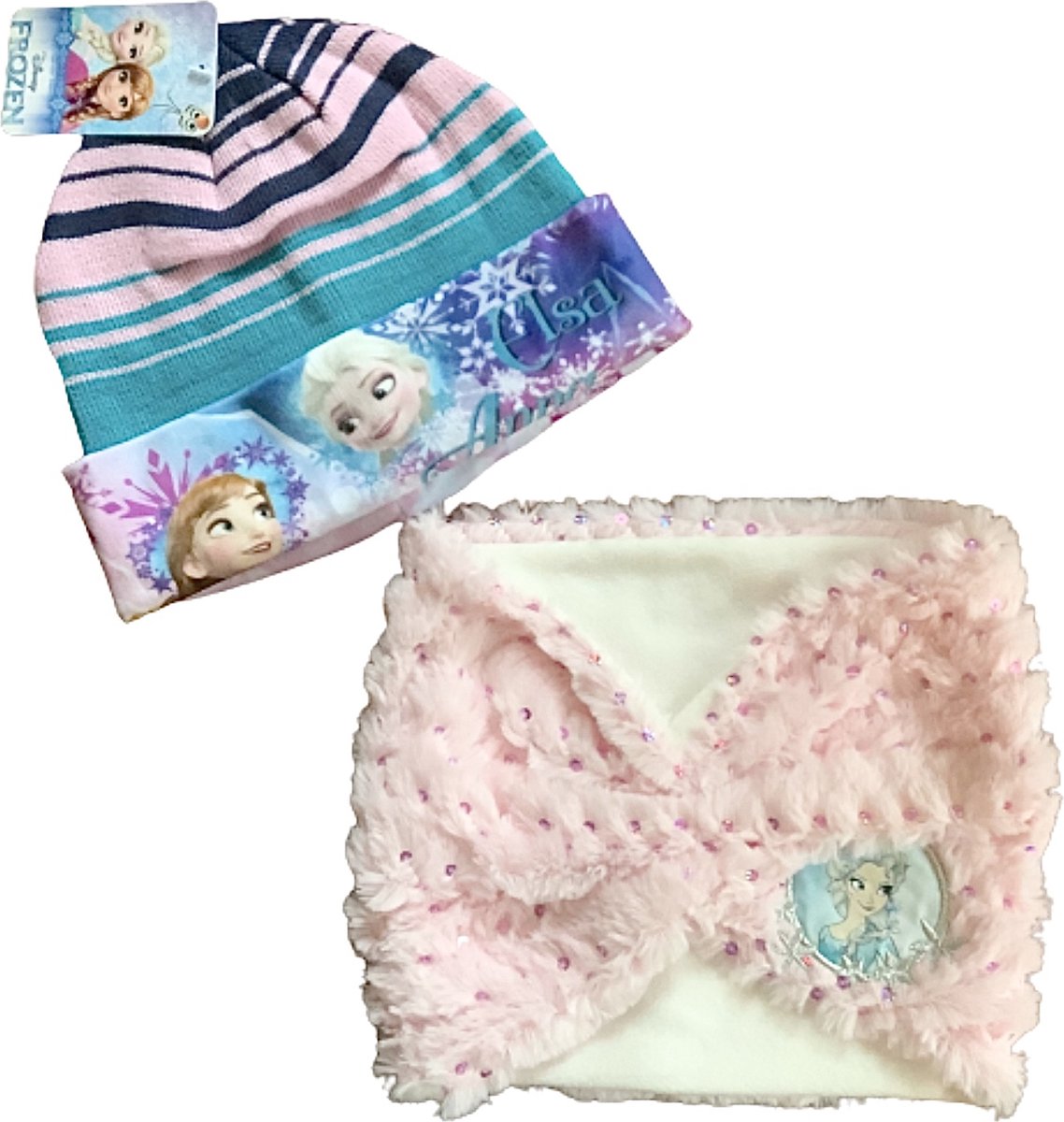 Disney Frozen set / winterset - muts + col - roze/groen - maat 52 (3-5 jaar)
