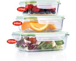alpina Vershoudbakjes 3-Delig - Diepvriesbakjes met Deksel - Meal Prep Bakjes van Glas - Oven, Vriezer, Magnetron en Vaatwasser Bestendig - 370, 640 en 1050 ml