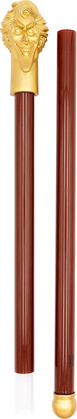 Wandelstok met gouden Joker-gezicht als handvat, bruine schacht en gouden knop.