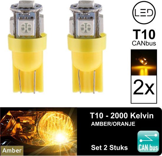 T10 Led Lamp Oranje Amber 2000k (Set 15 stuks) Canbus 5W5, W5W, 5 LED, Orange, Led