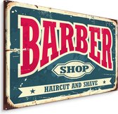 Schilderij - Barber Shop, Haircut and Shave, reclame bord, Premium Print op Canvas