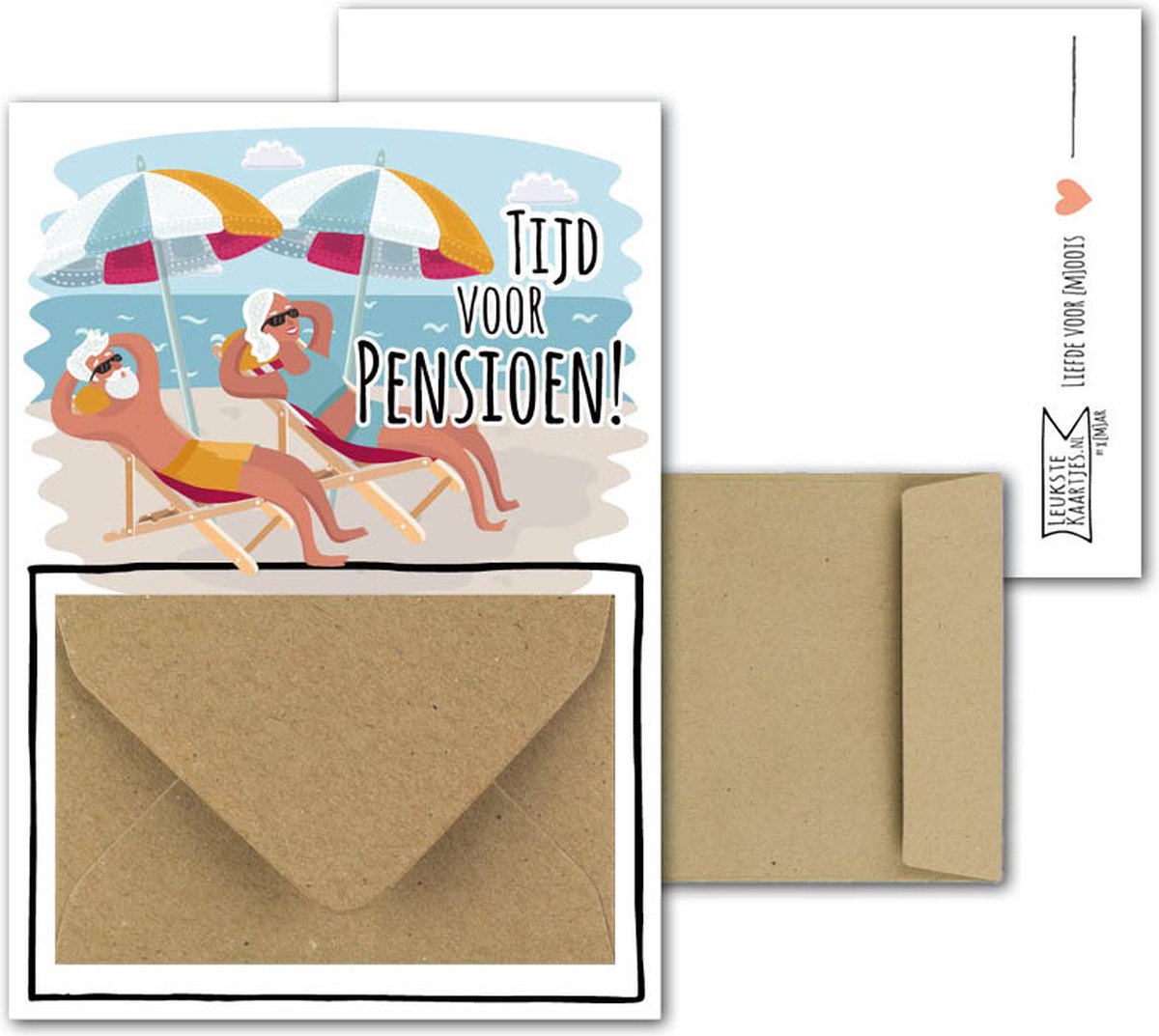 Geldkaart met mini Envelopje -> Pensioen - No:05 (Man-vrouw op strand met parasol-Geniet van pensioen) - LeuksteKaartjes.nl by xMar
