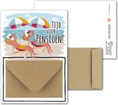 Geldkaart met mini Envelopje -> Pensioen - No:05 (Man-vrouw op strand met parasol-Geniet van pensioen) - LeuksteKaartjes.nl by xMar