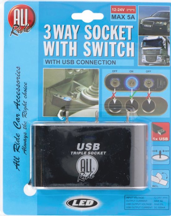 All Ride 3 way socket with switch and USB connection