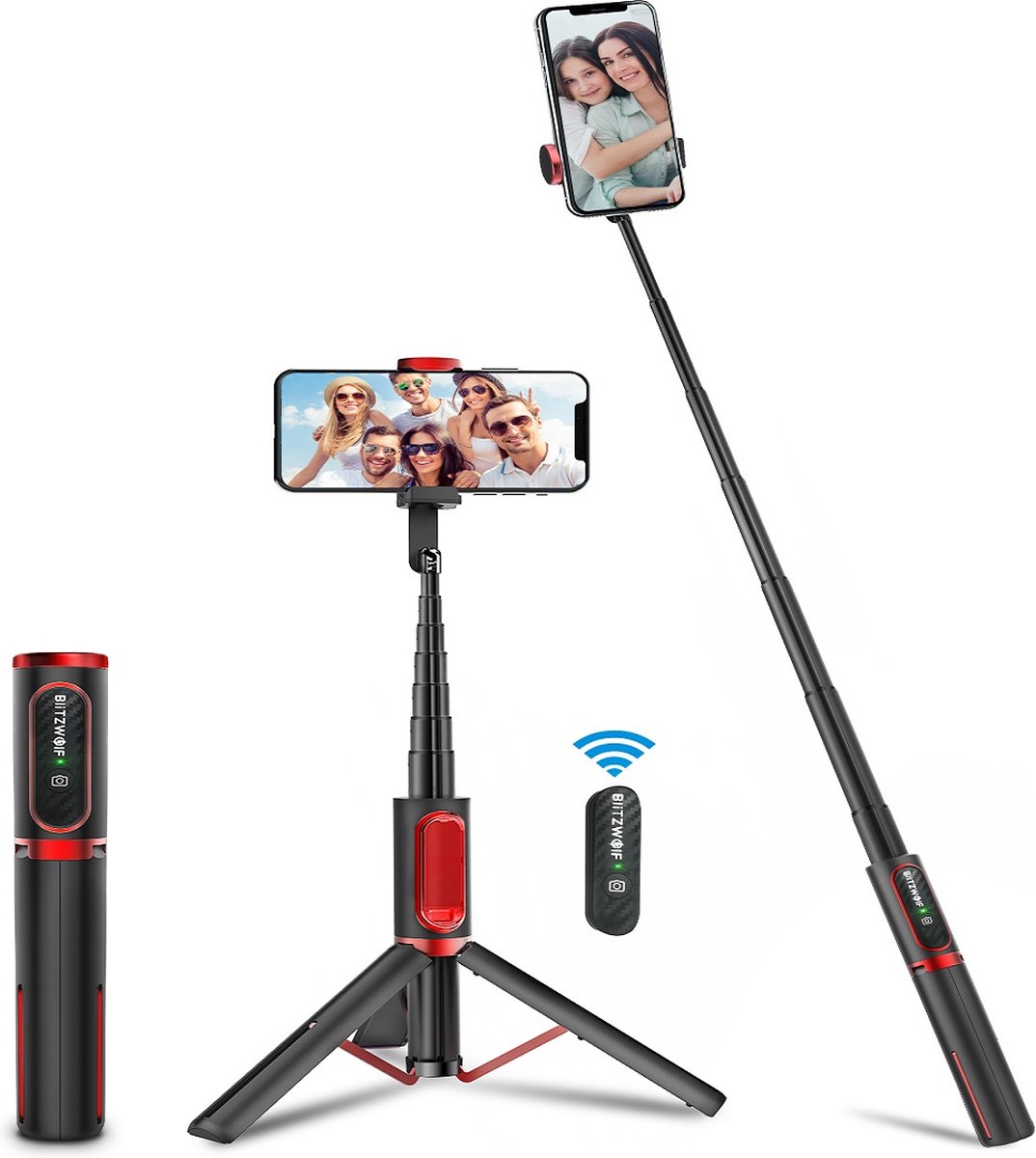 BW-BS10 Draagbare Bluetooth Selfiestick Statief - draaibaar Mini Uitbreidbaar Aluminium Selfie Stick - met intrekbaar statief en afstandsbediening - voor iPhone ve Android