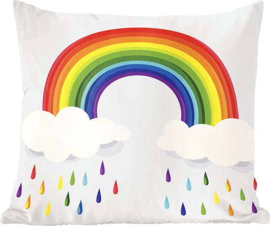 Sierkussen décoratif Illustration des arcs-en-ciel pour l'intérieur - Une illustration d'un arc-en-ciel avec des nuages et des gouttes arc-en-ciel - 45x45 cm - Coussin intérieur carré en coton
