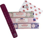 Liefde Wierookpakket - 3 x Satya Nag Champa - Romance - White Sage - Lavender - Wierook stokjes met Speciaal Wierookplankje & GRATIS bergkristal